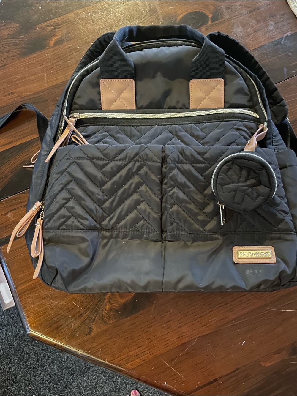 Skip Hop Black Quilted Diaper Backpack with Tan Trim